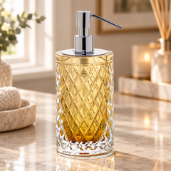 Porta Sabonete Liquído Para Banheiro Em Murano Lush Ambar Com Tampa Prata